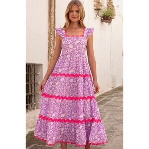 Pink City Prints Xanthe Dress Medium NWT Lilac Begonia Print Ruffle Rickrack
